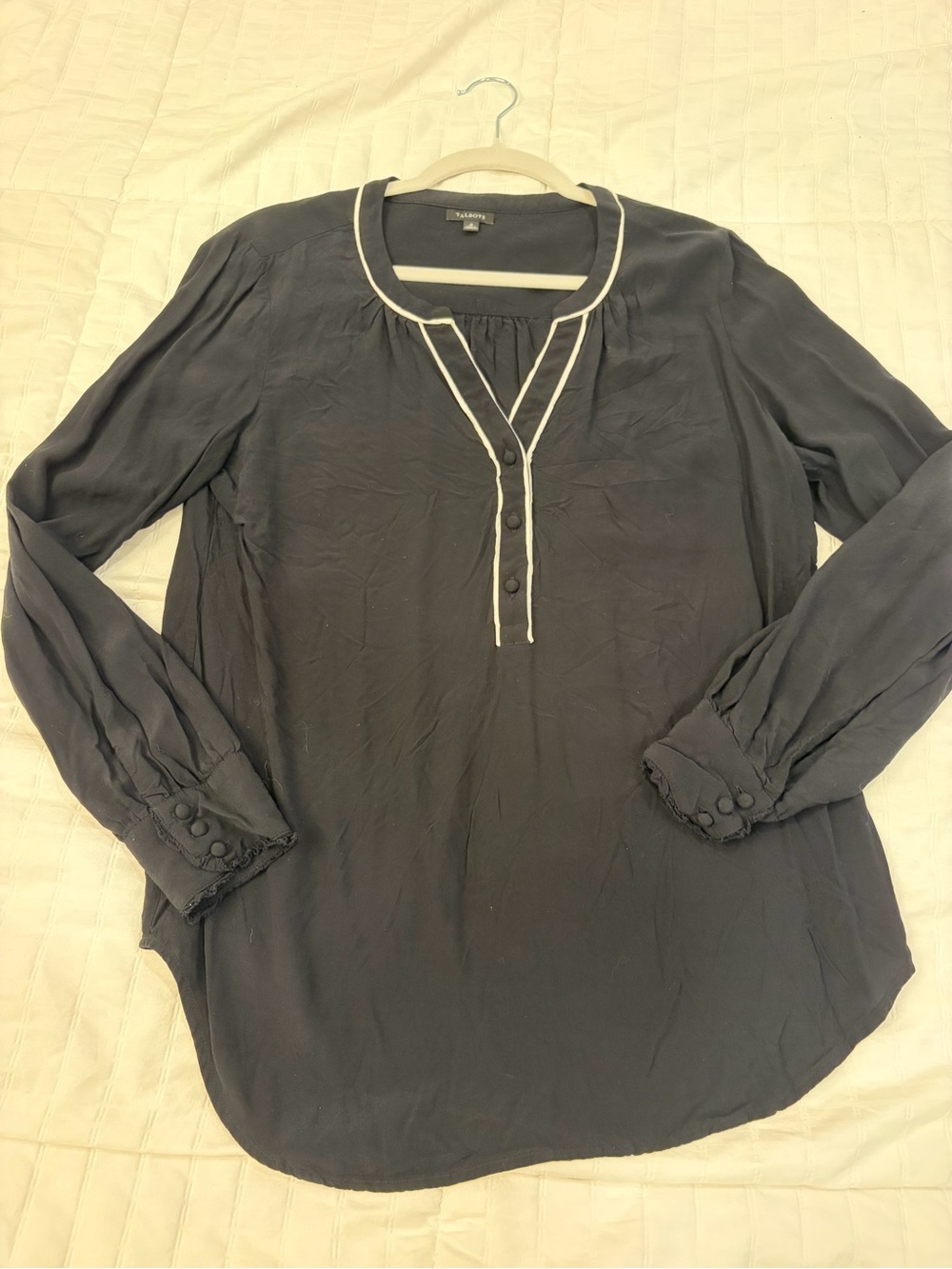 Talbots Black Long-Sleeve Blouse with Cream Contrast Piping